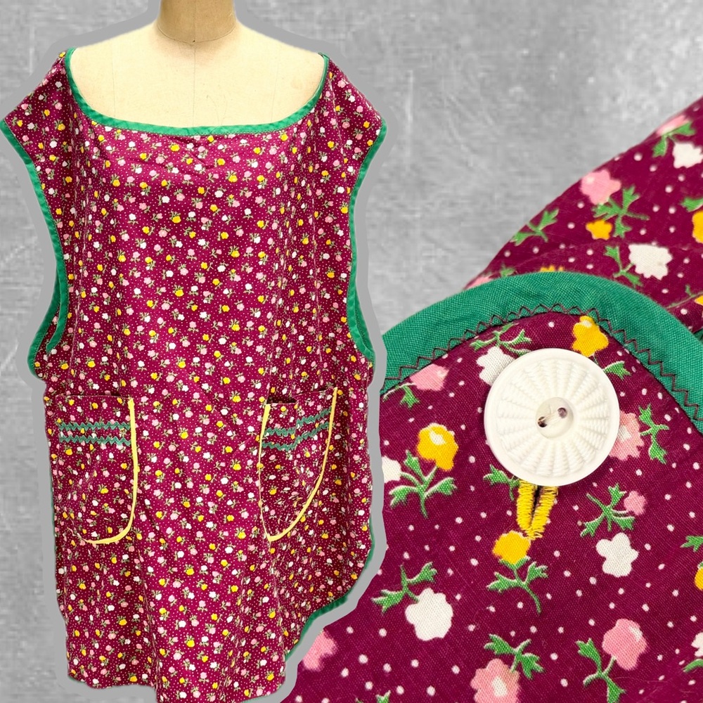 VINTAGE calico floral house apron chore smock‎ garden kitchen studio crafting